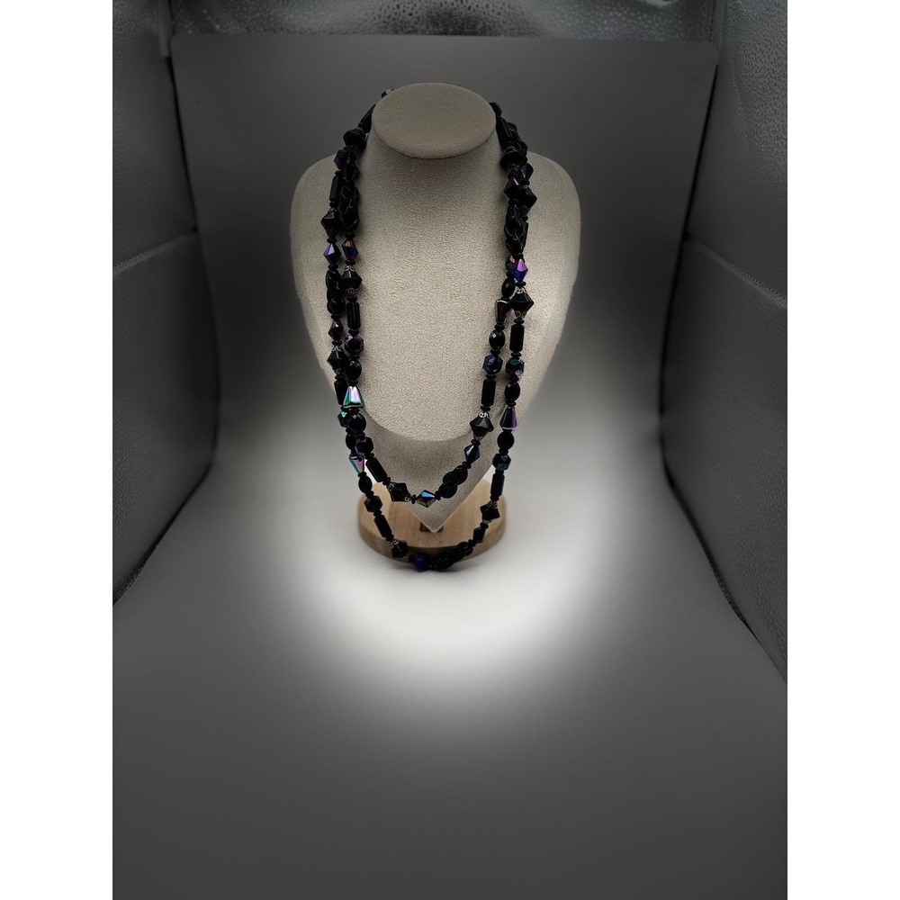 VTG Judy-Lee Signed Black Glass AB Necklace Faceted Crystal Beads Collector - Picture 8 of 12